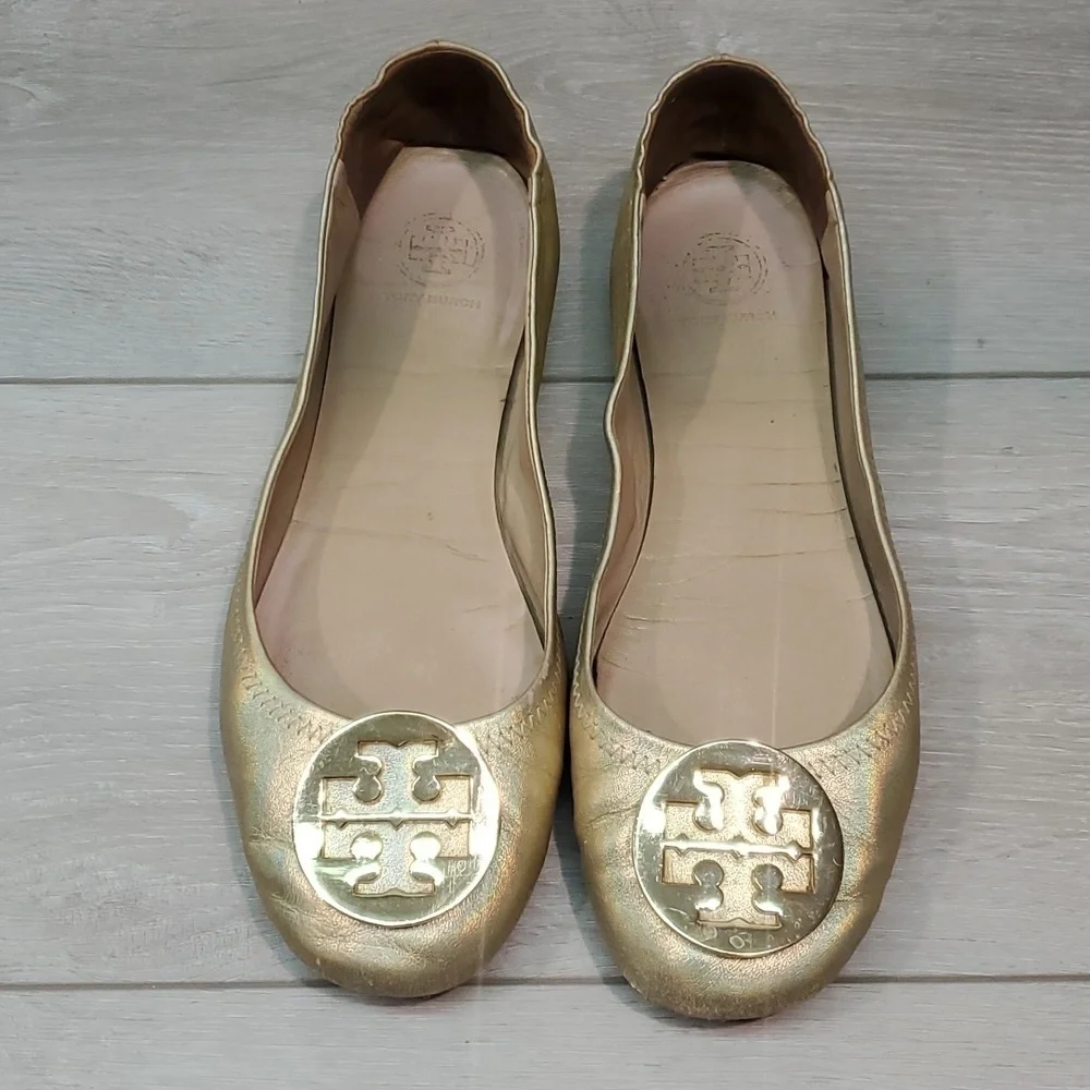 Tory Burch Women Logo Metallic MinnieLeather Gold Loafer Flat Ballet shoes sz 9M